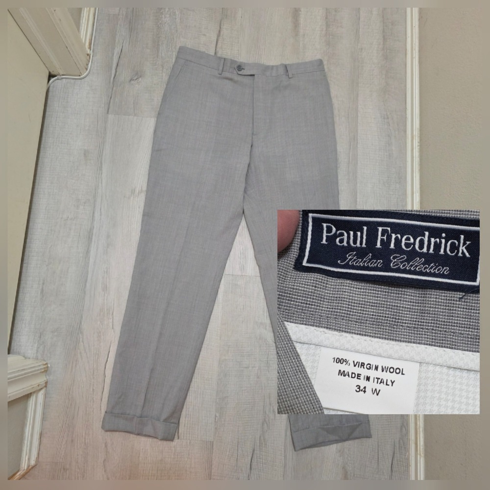 Paul Fredrick Italian Collection Men's 34W Gray 100% Virgin Wool Pants Italy Cuf